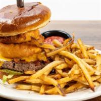 Bbq Bacon Burger · Smothered in our BBQ sauce and topped with bacon and cheddar cheese served with lettuce, may...