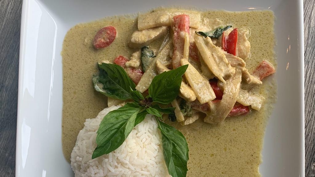 Green Curry · Bamboo shoots, basil and red bell peppers in coconut milk.