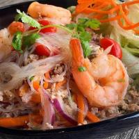 Glass Noodle Salad · (Spicy) Ground pork, shrimp and glass noodles seasoned with spicy dressing, onions, tomatoes...