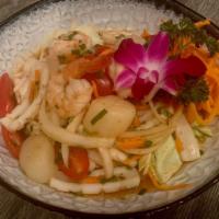 Mixed Seafood Salad · (Spicy) Combination of shrimp, scallops, squid, seasoned with spicy dressing and mixed with ...
