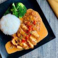 Fried Chicken Curry · (Spicy) Lightly battered fried chicken, topped with parang curry sauce with onions, red bell...