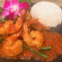 Bangkok Shrimp · (Spicy) Fried shrimp on a bed of string beans topped with three flavors chili sauce with bas...