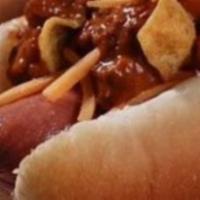 Frito Pie Dog (1) · (As featured in Happenings Magazine!)
Grilled cheddar, Taco juice, chili, onion, jalapenos, ...