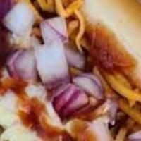 Q-Dog (1) · The dog that wants to be a pig. Vic’s homemade BBQ sauce, cheddar cheese, slaw and onions. 
...