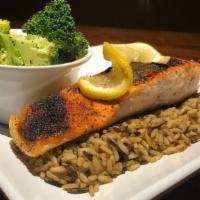 Smokehouse Salmon · Wild caught Blackened Salmon Filet with Steamed Broccoli & Wild Rice Medley