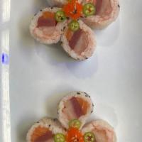 Aoi Sea Roll (8) · (In) tuna, Salmon, white tuna, yellowtail, cucumber, avocado, wrapped in soybean paper, (On ...