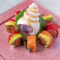 Tri Color (8Pcs) · spicy tuna,  crunch flake inside,W salmon ,tuna , avocado on top

These items are served raw...