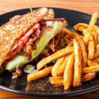 Angry B.L.T. · Grilled multigrain bread with melted pepper jack cheese, homemade jalapeño bacon, lettuce, t...