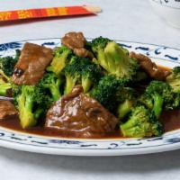 Beef With Broccoli · Sliced beef with fresh broccoli in a brown sauce.