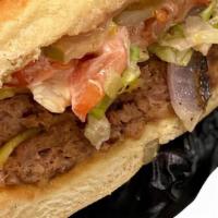 Boss Burger Deluxe · Boss patty with vegan cheese, grilled onions, lettuce, pickles, tomatoes and boss sauce on H...