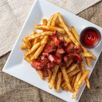 Salchi Papa · French fries with fried butterfly hot dogs.