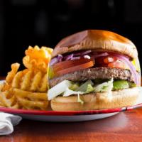 Hamburger (10 Oz) · Ten ounces of patty, lettuce, tomato, onion, and mayo.