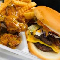 Bacon Burger (Fries, 4 Pieces Wings & Drink) · Comes with sandwich, fries, 4 Pieces wings and med size dink.