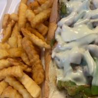Philly Cheese Chicken (Fries & Drink) · Comes with sandwich, fries and med size dink.