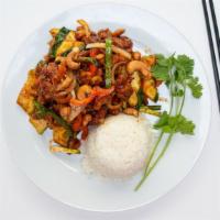 Pad Ma Maung (Cashew Nut) · zucchini onion bell pepper carrot celery cashew nut with rosted chili paste  sauce