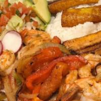 Camarones Rancheros Platillos · Shrimp slices with green pepper, onions, and tomato. Served with rice, beans, salad avocado,...