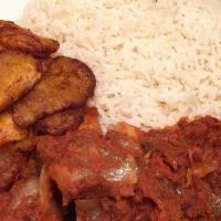 White Rice & Stew · Our rice plates are served with a side of sweet plantains with a choice of meat: Goat meat, ...