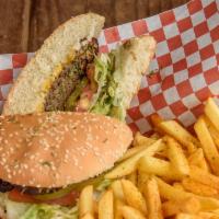 Regular Cheeseburger (1/2 Lb.) · Dressed with mayo, lettuce, cheese, tomato, and pickle. Served with fries.