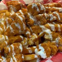 Buffalo Chick Cheese Fries · French fries topped with melted cheddar cheese, buffalo chicken and ranch