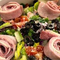 Antipasto · Tomato, red onion, black olive, green pepper and pepperoncini pepper on a bed of romaine wit...
