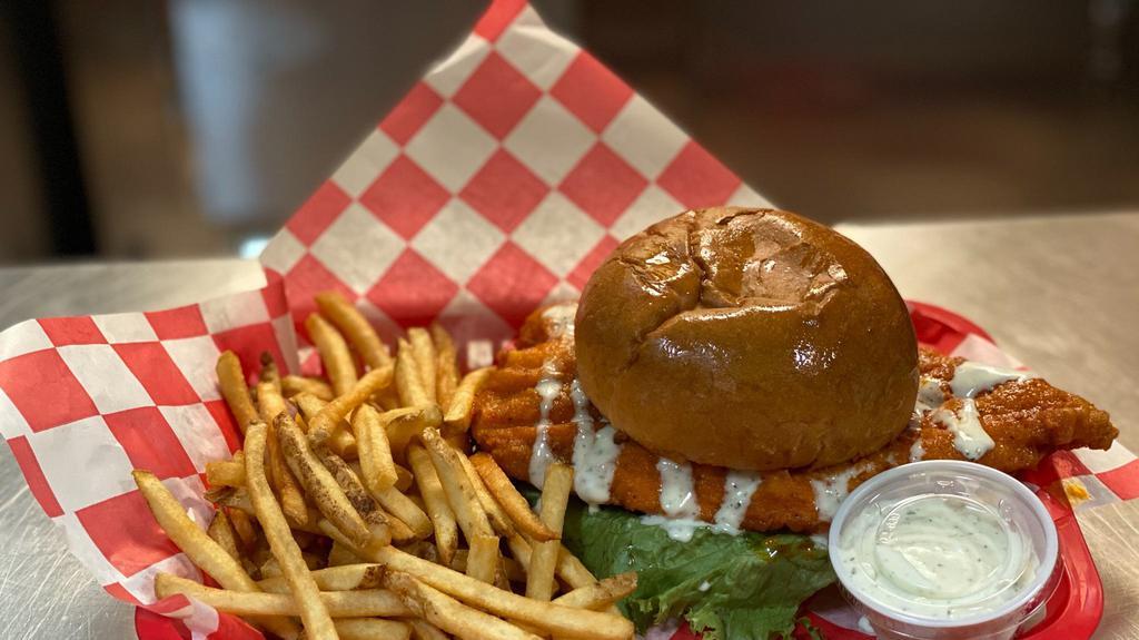 Buffalo Chicken · Crispy chicken breast tossed in your favorite wing sauce served on a brioche bun with lettuce, tomato and onion and a side of blue cheese or ranch. Served with your choice of Mineo chips or fries