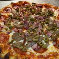 Italian Stallion Pizza · Italian sausage, pepperoni, green olive, Genoa salami, mushroom, and meatball