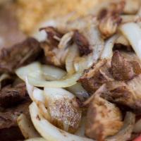 Mp- Carnitas Dinner · Pork tips with grilled onions. Served with Mexican rice, refried beans, guacamole salad, and...