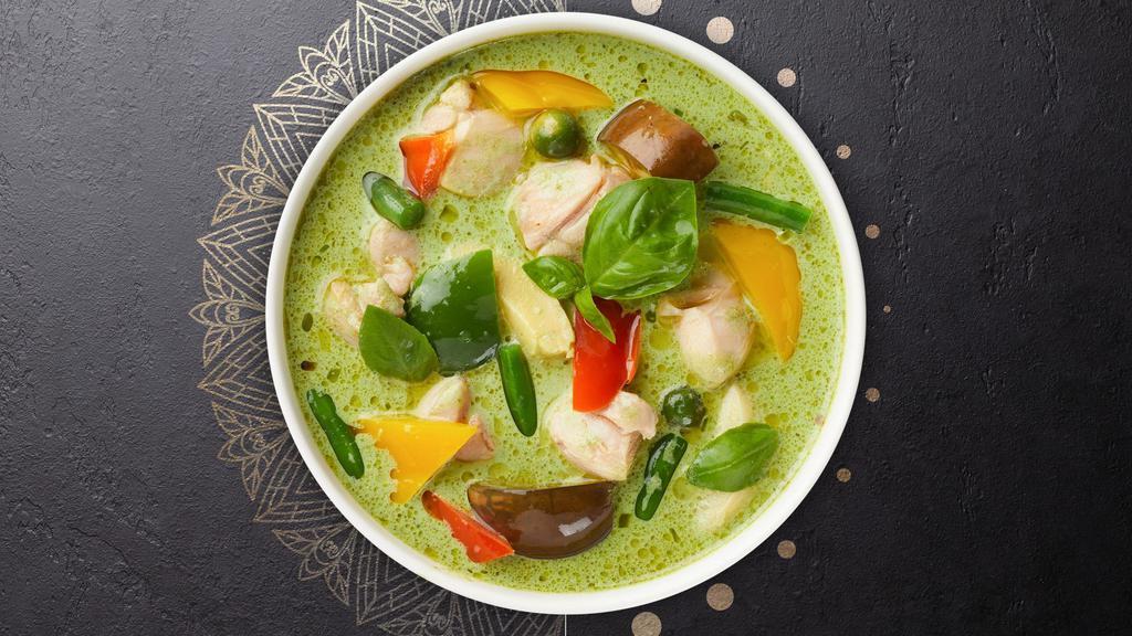 Go Go Green Curry · Broccoli , bamboo , carrots , baby corn ,mushrooms , zucchini , bell peppers, onions , in a creamy curry sauce and fresh basil leaves