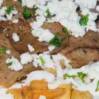 Loaded Fries Plate · Seasoned fries, topped with Rotisserie Beef&Lamb Gyro, and Feta Cheese.
