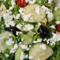 Greek Salad · Fresh lettuce, cucumbers, cherry tmatoes, black olives, topped with greek vinaigrette dressi...