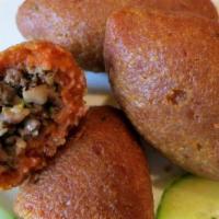 Kibbeh Plate · Made of bulgur (cracked wheat), minced onions, lean ground beef, pine nuts, and spices, frie...