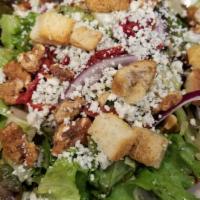Walnut Gorgonzola · Mixed greens, grape and sundried tomatoes, onion, croutons, tossed in balsamic vinaigrette.