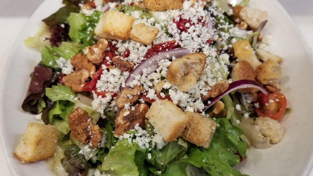 Walnut Gorgonzola · Mixed greens, grape and sundried tomatoes, onion, croutons, tossed in balsamic vinaigrette.