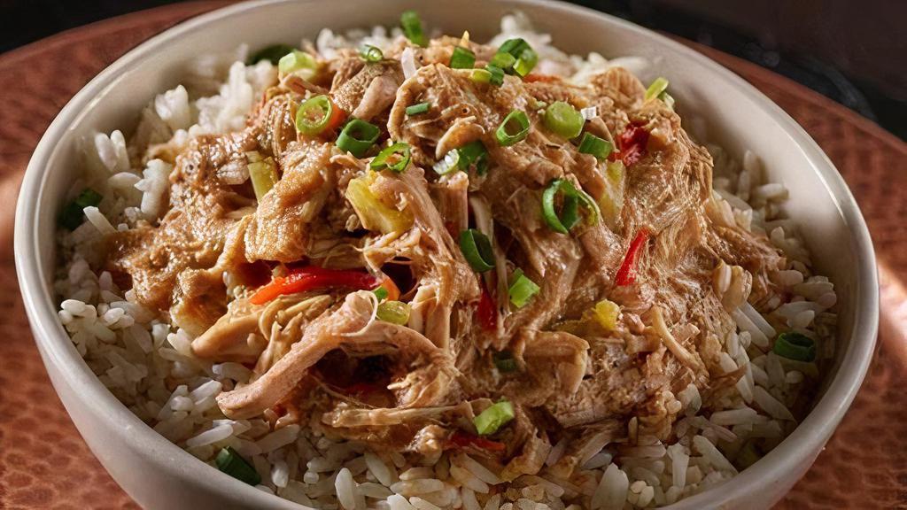 Mexican Chicken Bowl · Stewed Chicken with red bell peppers, onions, and mexican Spices.