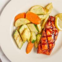 Grilled Salmon Teriyaki · Fresh filet of Atlantic salmon, basted with teriyaki sauce, grilled to perfection and served...