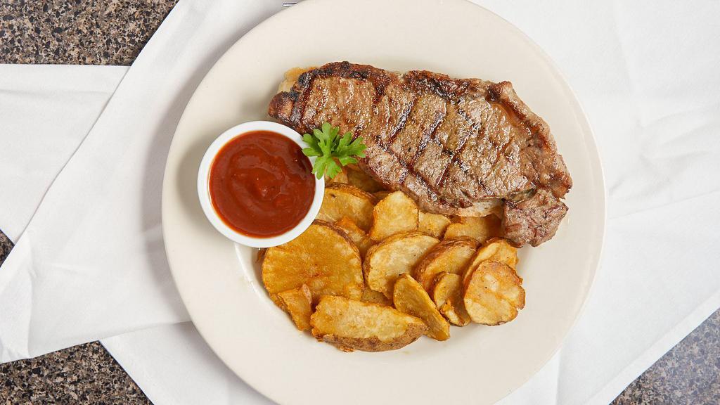 Steak Sandwich · Grilled New York strip, open-faced on French bread with henry bain's sauce. Served with skillet fried potatoes.