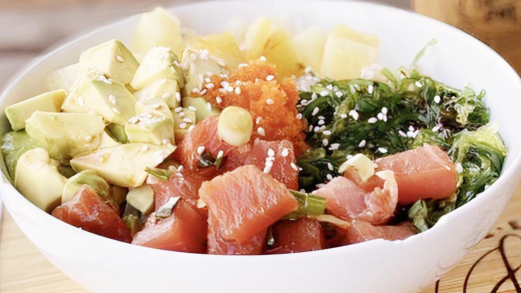 Hawaiian Poke Tuna Bowl · Ahi tuna, seaweed salad, avocado, pineapple, masago, sesame seed and poke sauce.
