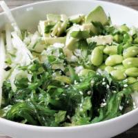 Harvest Bowl (V) · Seaweed salad, edamame, avocado, cucumber, scallion, sesame seed, vegan signature sauces, al...