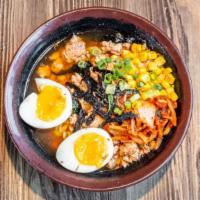 Shio Ramen Beef · Ramen noodles, soft boiled egg,  kimchi, nori, corn, green onions, shallots, and ground beef.