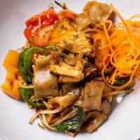 Pad Kee Mao (Drunken Noodles) · Hot. Wide rice noodles pan fried with bean sprouts,  jalapenos, tomatoes, chili, bell pepper...