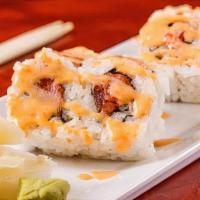 Spicy Tuna Roll · Copped spicy red tuna inside, topped with spicy mayo.