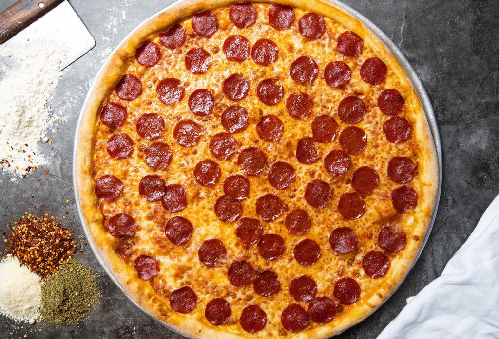 Pepperoni Pizza · Our famous house made dough topped with red sauce, pepperoni, and our house cheese blend