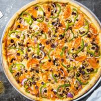 Veggie Pizza · Our famous house made dough topped with red sauce, mushrooms, red onions, pepperoncini, bell...