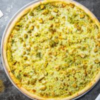 Chicken Pesto Pizza · Our famous house made dough topped with pesto sauce, chicken, tomato, green peppers and prem...