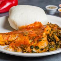 Efo Riro · collard greens stew and a choice of meat served with fufu. *Add smoked fish and ground crayf...