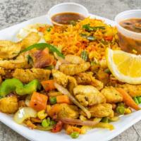 Chicken Suqaar · Chopped, stir-fried chicken breast, sautéed with mixed vegetables, green peppers, onions, an...