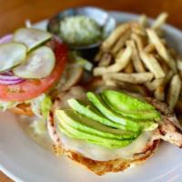 Grilled Chicken Sandwich · Grilled Chicken, Provolone Cheese, Avocado, Lettuce, Tomato, Onion, House Pickles, Ranch