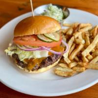 Brewery Cheeseburger · House-Ground Beef, Cheddar, American, Iceberg, Tomato, Onions, House Pickles, Peppercorn Mayo
