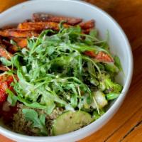 Power Bowl · Seasonal Vegetables, Quinoa, Honey Herb Vinaigrette, Arugula, Roasted Tomatoes, Avocado, Hem...