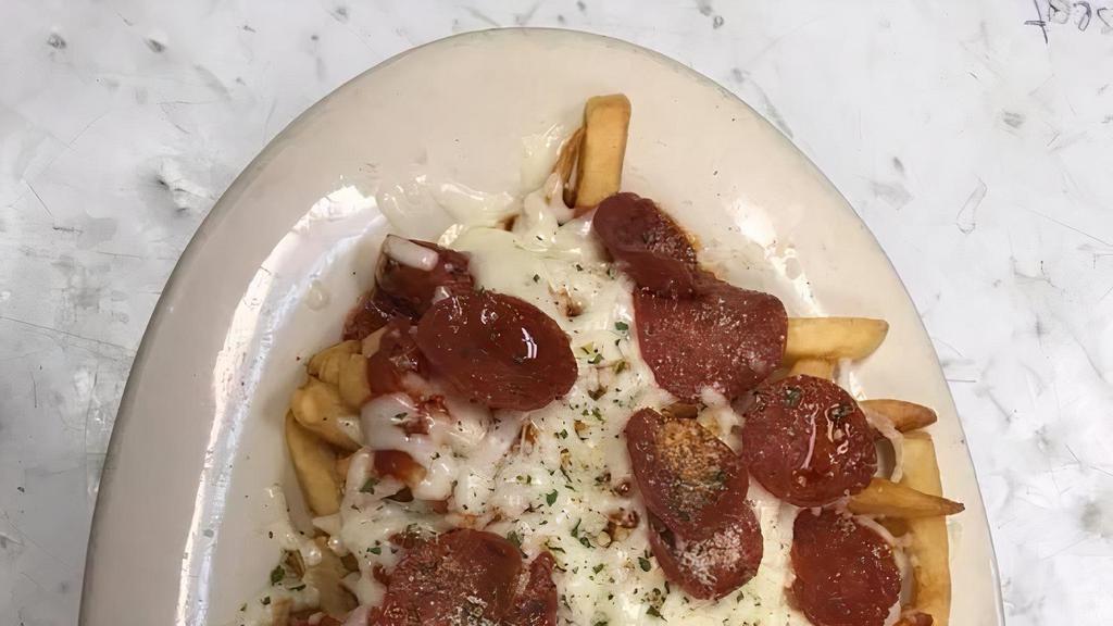 Pizza Cheese Fries · Fries topped with pizza sauce, pepperoni and mozzarella cheese.